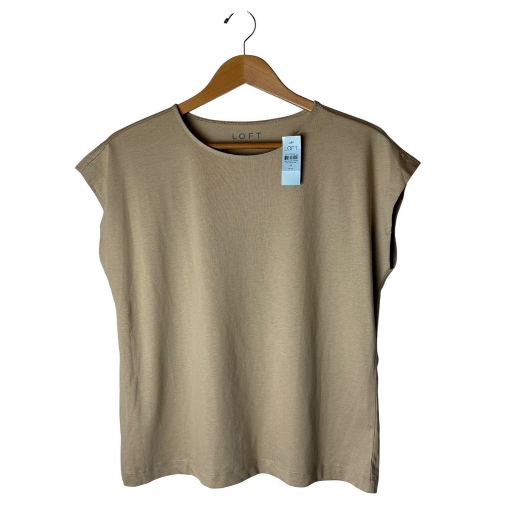 LOFT Knit Tee Women Medium Petite Tan Brown NWT Cap Sleeve Crew Neck Top Preppy - Picture 2 of 9